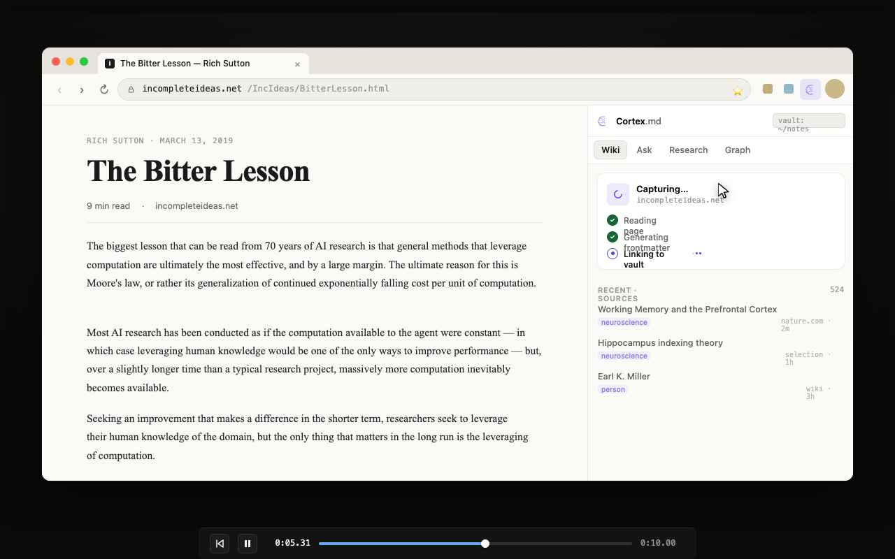 Cortex.md side panel capturing "The Bitter Lesson" into a local Markdown vault